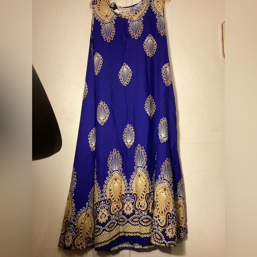 GM Fashion Sleeveless Blue Patterned Dress p2p~22” length: 50” with Pockets - Picture 9 of 10